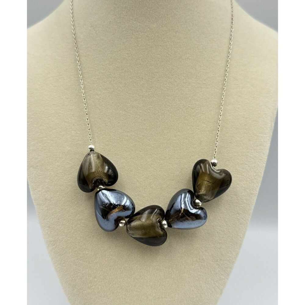 Sterling Silver Dichroic Lampwork Heart Glass Bead Necklace 16”-18” Boho Jewelry